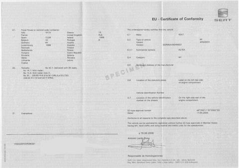 Exemple certificat de conformité Seat Arosa