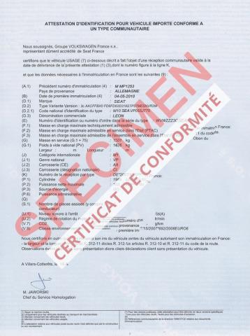 COC SEAT : CERTIFICAT DE CONFORMITÉ SEAT